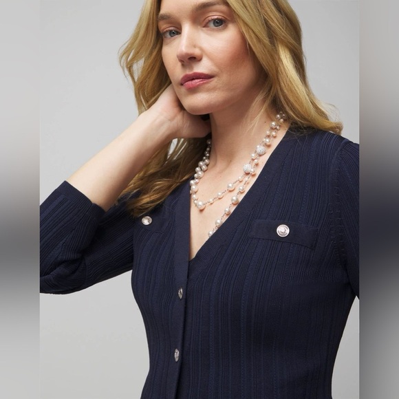 White House Black Market Navy Slinky Long Sleeve Snap Front Cardigan Size M - Picture 1 of 14